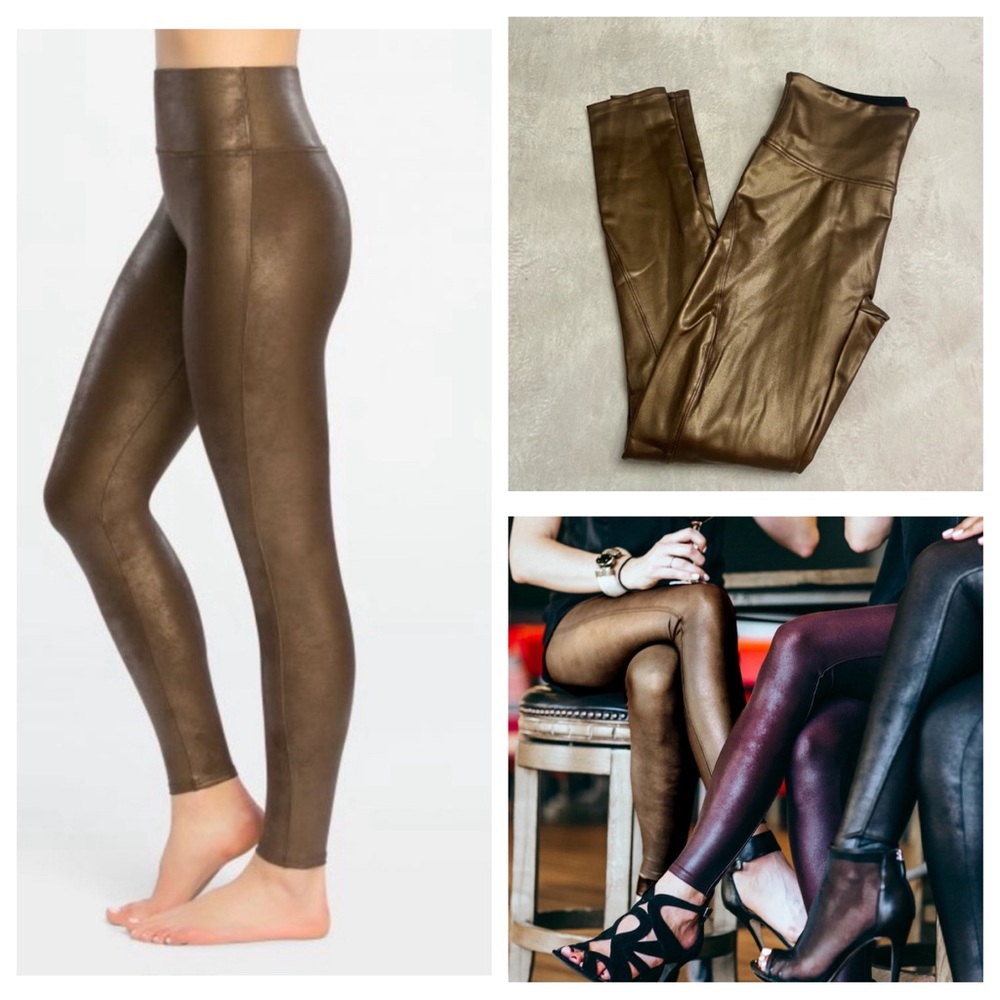 New! Spanx gold faux leather leggings metallic high rise 28254